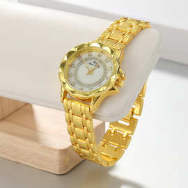复古时尚潮流钢带手表 简约女士气质金色腕表 圆形表盘满钻石英表
