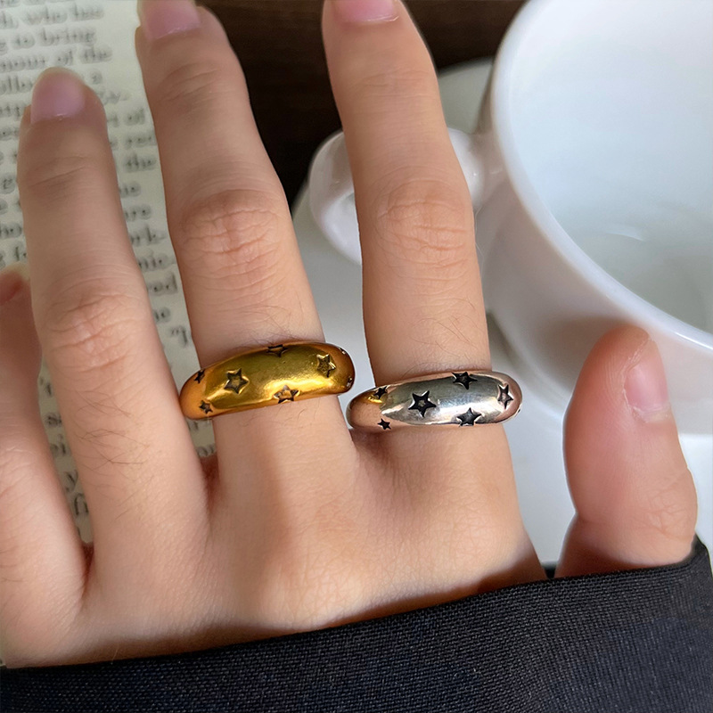 Lanzhi Vintage Star Ring for Women, Antique Gold Pentagram Distressed 925 Silver Ring, Niche Index Finger Ring