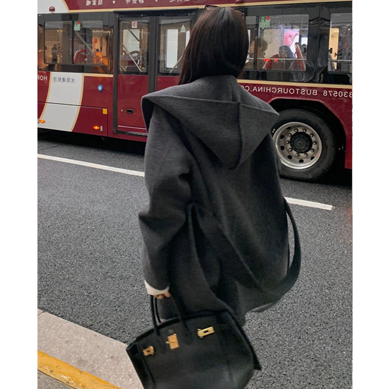 港风双面呢深花灰大衣女冬季小个子短款呢子宽松百搭连帽毛呢外套|undefined