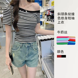 纯欲显瘦ins别致小众露肩短袖斜肩条纹T恤女修身短款上衣韩系修身