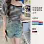 斜肩露肩短袖条纹t恤