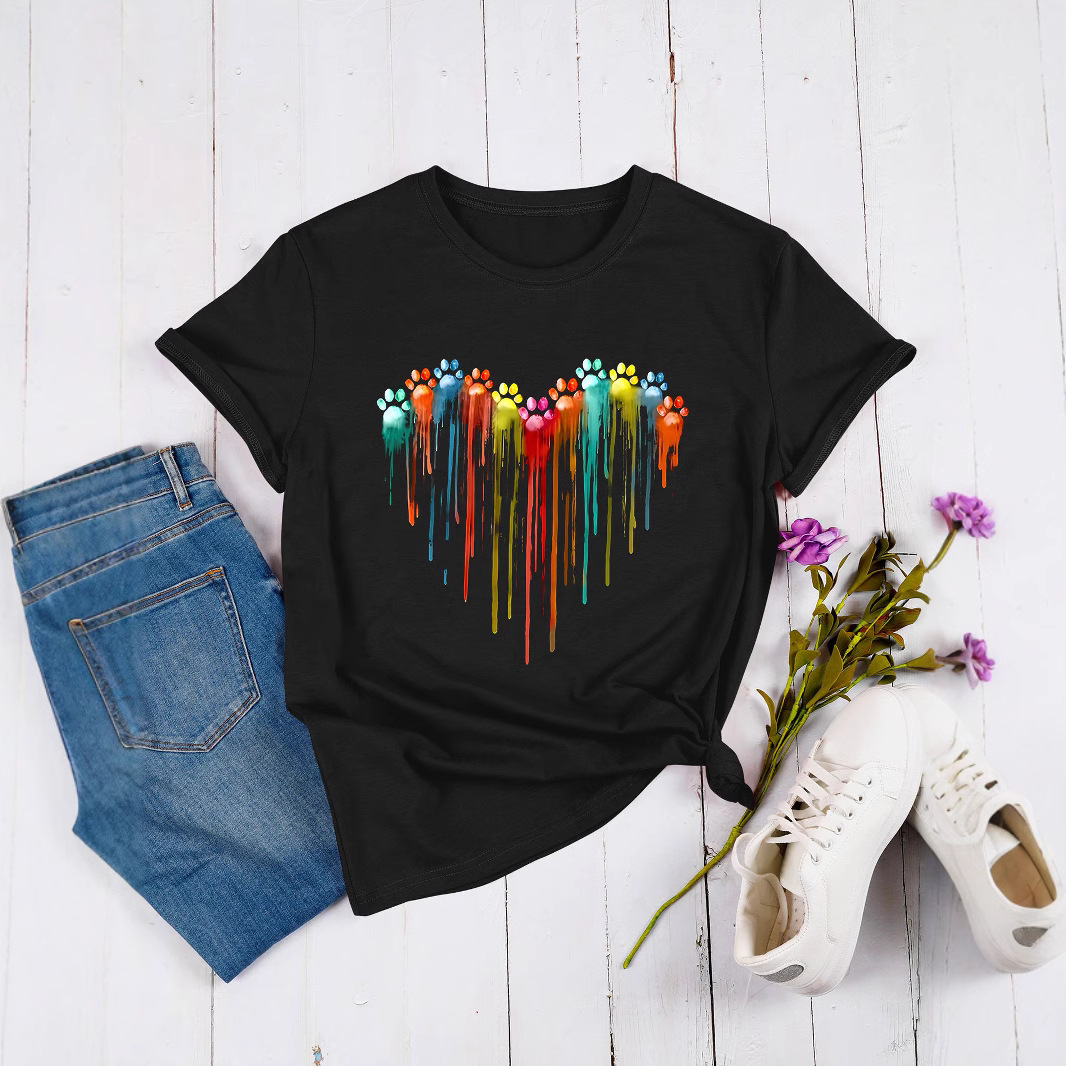 2023新款彩色爱心爪彩T恤印花夏季清新时尚男女装短袖T恤欧美短袖