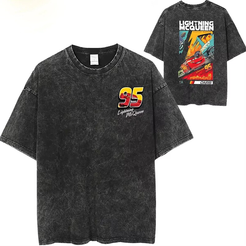 Washed T-Shirt Lightning Mcqueen Car 95 Hip Hop Retro T-Shirt Harajuku Streetwear Cotton Summer Tops Tees