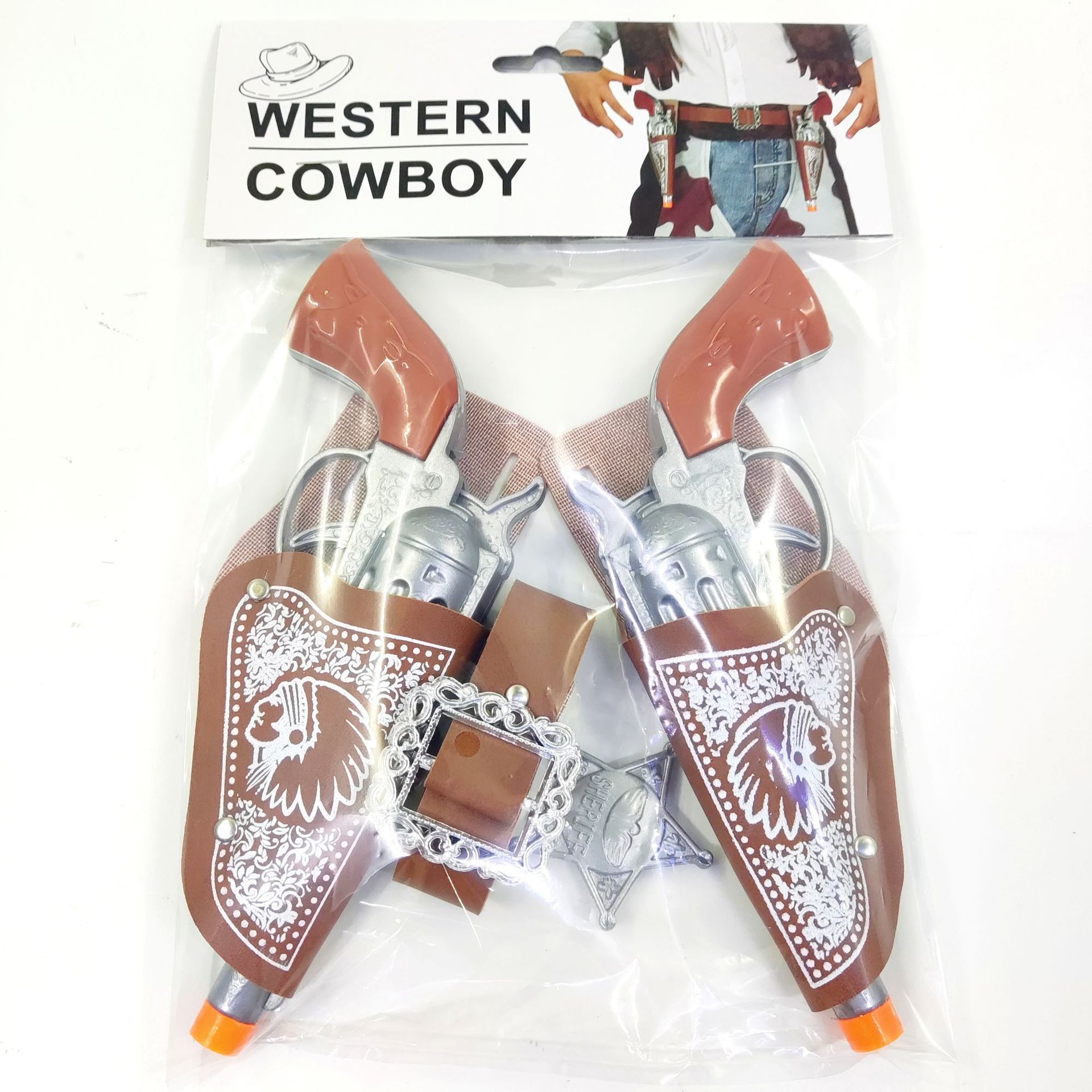 Pistola de juguete de rol para niños lanza doble vaquero, cinturón, insignia, pistola de vaquero
