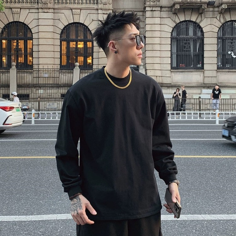 Trendy Heavyweight Cotton T-Shirt for Men 2025 Autumn New Black Long-Sleeve Top Round Neck Loose Versatile Base Shirt