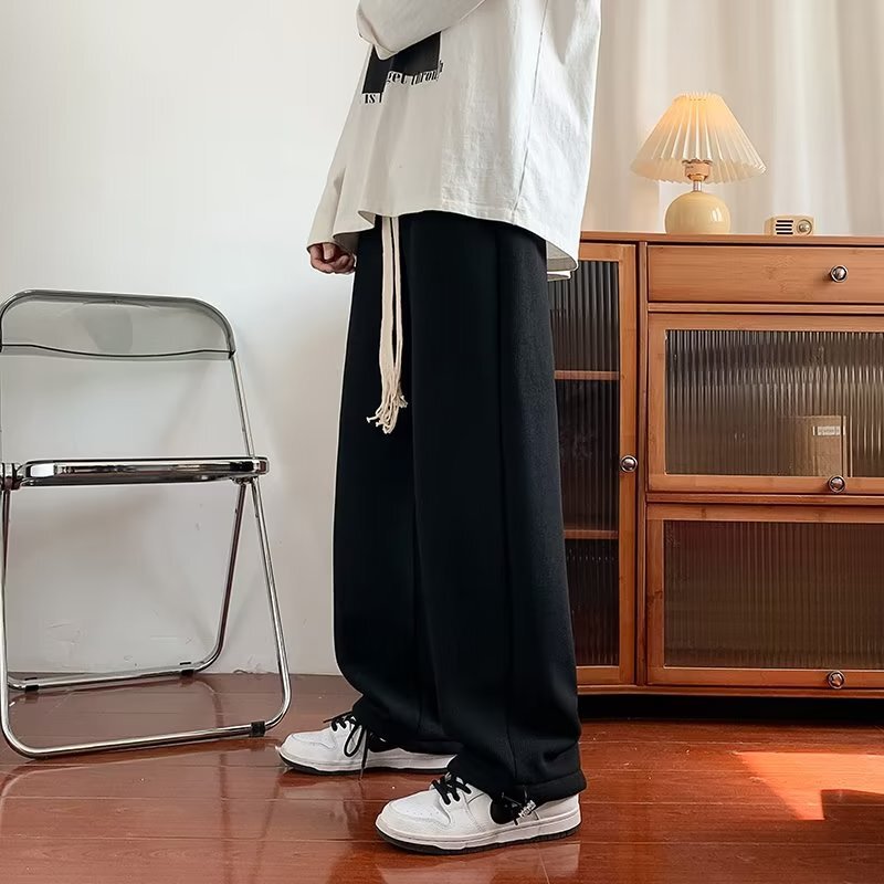 Manufacturer wholesale waffle knit sweatpants for men, autumn and winter lamb wool fleece-lined thickened pants, loose straight wide-leg trousers