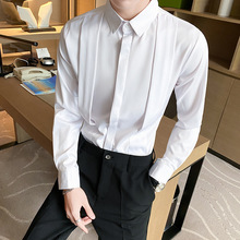 代理加盟 批发纯色尖领男装理发师工作服休闲长袖衬衫发型师衬衣