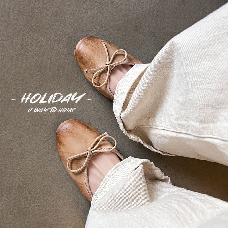 2025 레트로 컬러 활 발레 신발 라운드 발가락 플랫 작은 신발 여성용 얕은 프랑스 할머니 신발