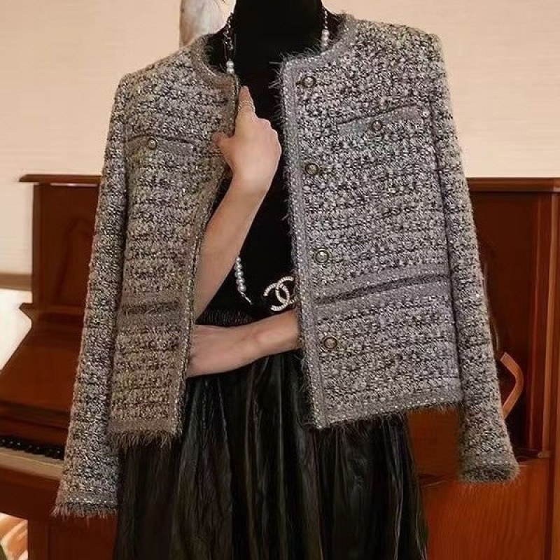 高级感轻奢灰色小香风外套女春秋2025新款加厚粗花呢短款开衫上衣|undefined
