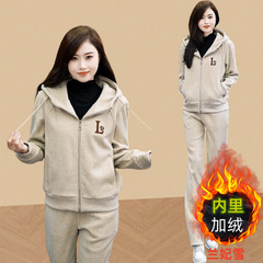 加绒加厚运动服套装女秋冬装新款时尚连帽卫衣休闲开衫百搭两件套