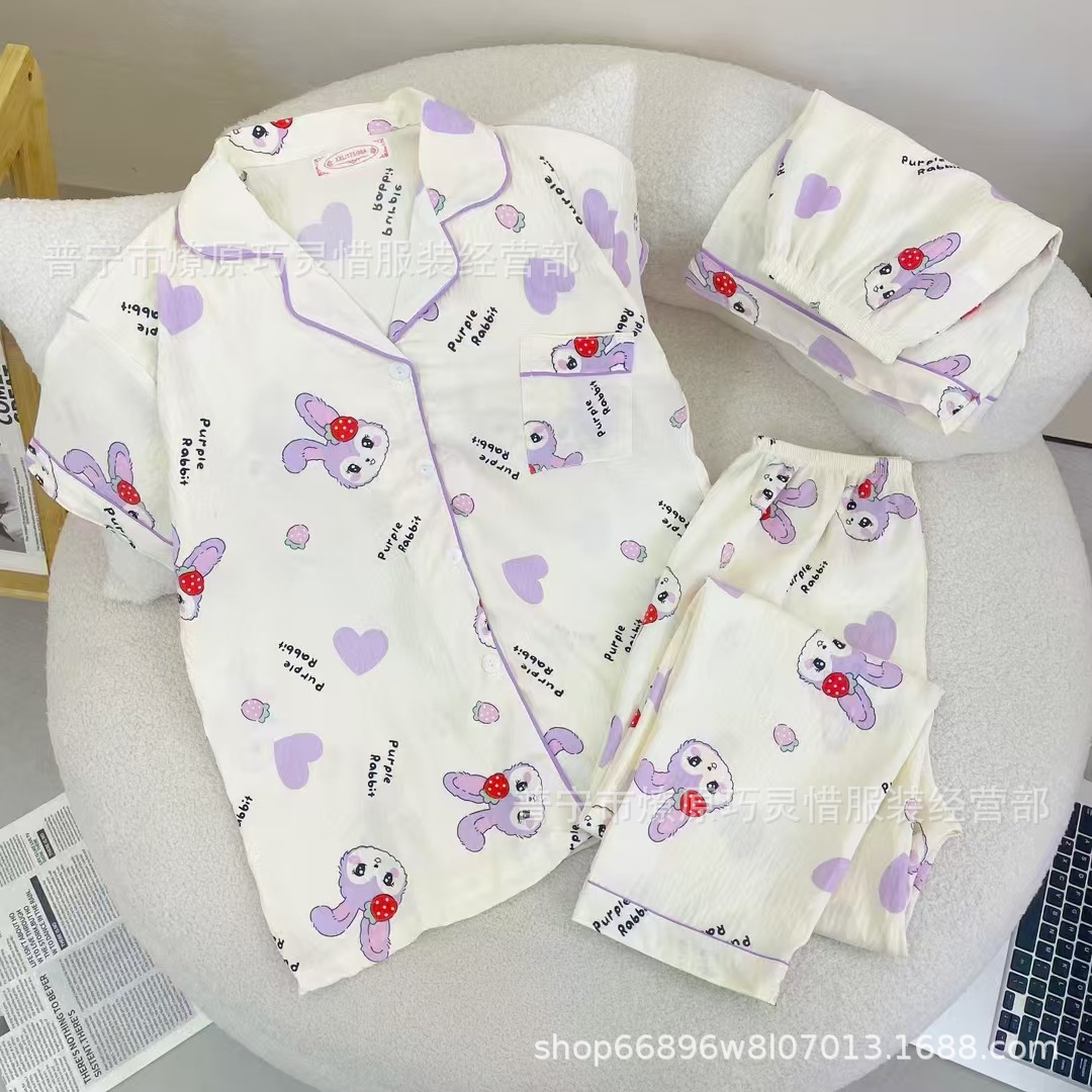 Hermosos pijamas de tela de rabu mujeres primavera y otoño verano nubes de algodón dulce mangas cortas pantalones cortos de tres piezas ropa para el hogar