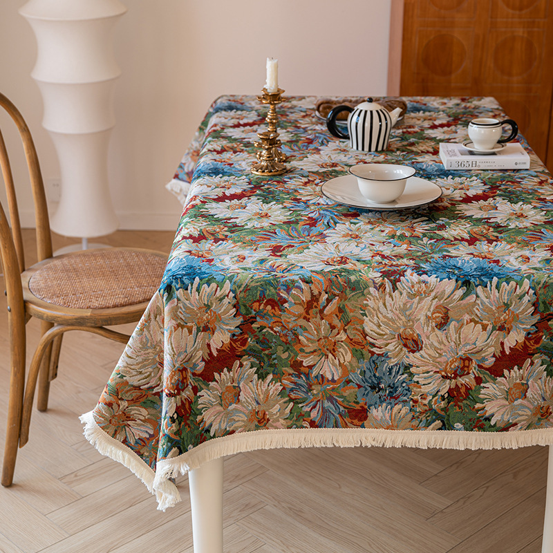 American Country Pastoral Style Tablecloth Cotton Linen Cloth Oil Painting Flower Dining Table Cloth Tea Table Cloth Rectangular Tassel Tablecloth