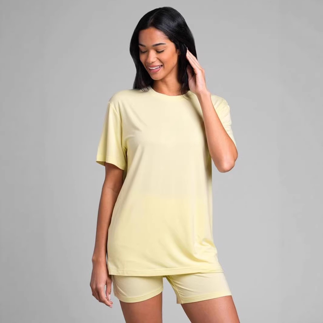 European and American Cross-Border Plus-Size Women's Summer Outfit, Solid Color Round Neck Short-Sleeve Elastic Sports Shorts Loungewear Two-Piece Set