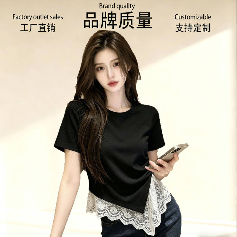 Cross-Border 2026 Summer Irregular Hem Lace Splicing Versatile Pure Cotton Short-Sleeved T-Shirt Women's New Top