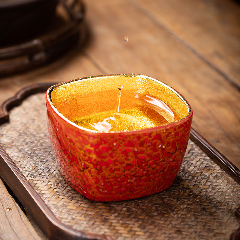 大漆鎏金陶瓷茶具主人杯高档单个功夫茶杯高端品茗杯方形杯礼盒装