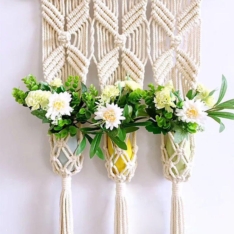 跨境供應花盆網(wǎng)兜 園藝綠植創(chuàng)意款棉繩花盆吊籃兜 掛壁式盆栽吊籃