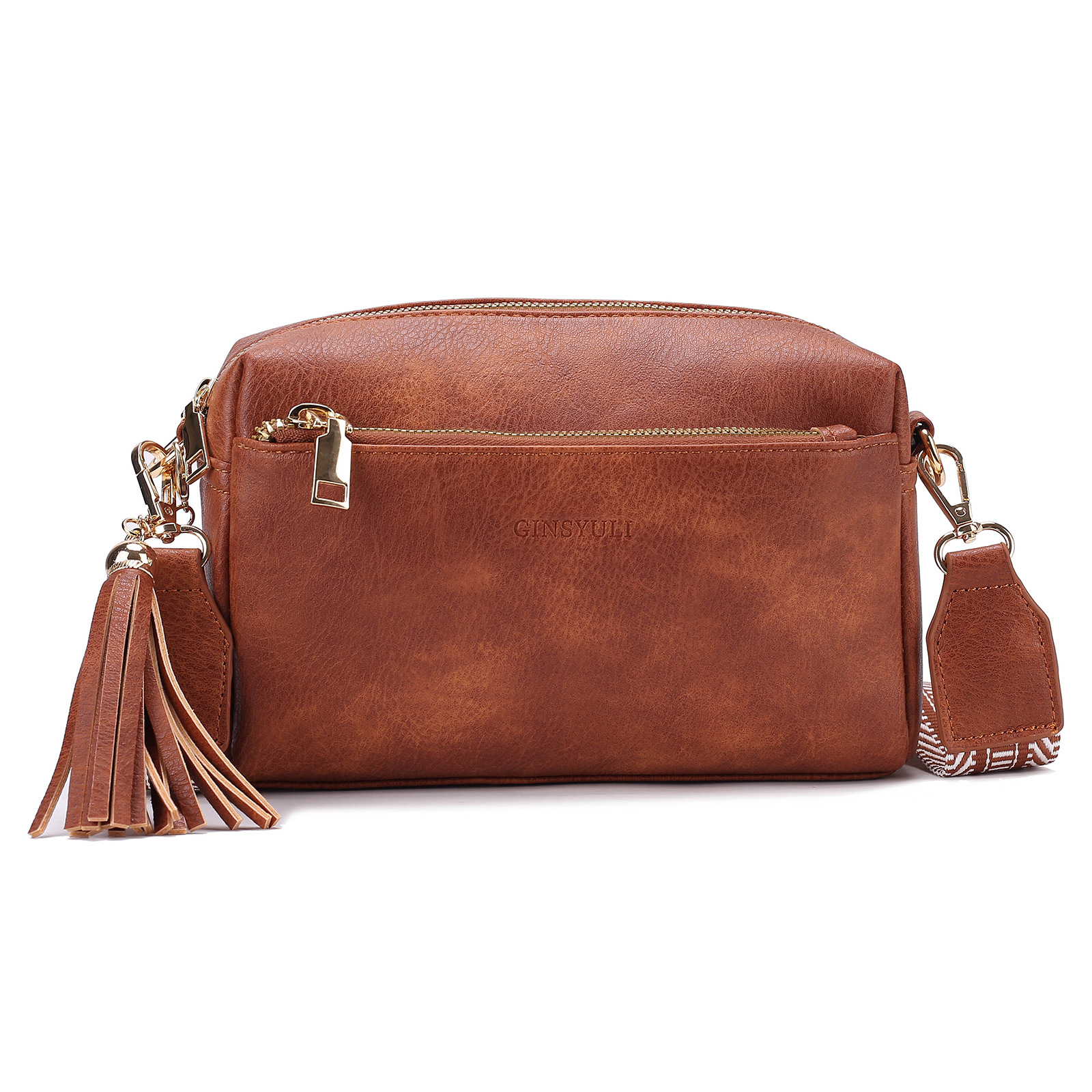 New Women's Crossbody Three Zipper Mobile Phone Leather Handbag Guitar Strap Shoulder Bag_voghion.com