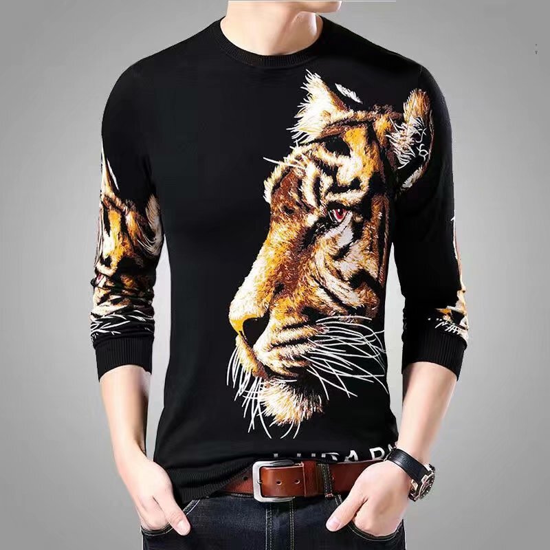 Long sleeve T-shirt men's autumn men's T-shirt clothes Chinese style men's round neck top 3D personalized printed bottoming shirt