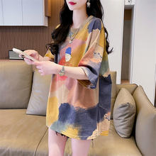 设计感小众棉短袖t恤女夏季韩版宽松大码中长款扎染渐变色上衣