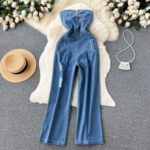Harajuku retro frock conjoined jeans women's loose wide leg slimming slit hole mopping tube long pants