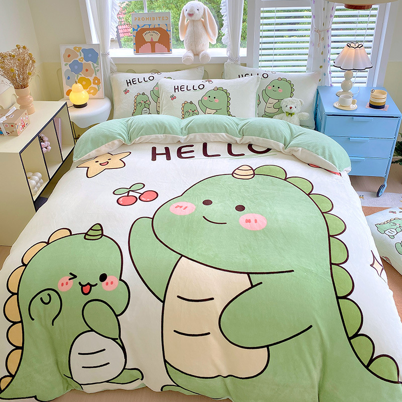 卡通恐龙牛奶绒床上四件套冬季儿童加厚保暖珊瑚法兰绒被套三件套