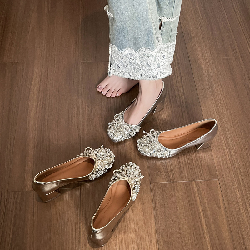 Crystal Shoes Are Beautiful with Skirts, Thick Heels, French Flats for Women, 2025 New Autum Gentle Style Evening High Heels for Women