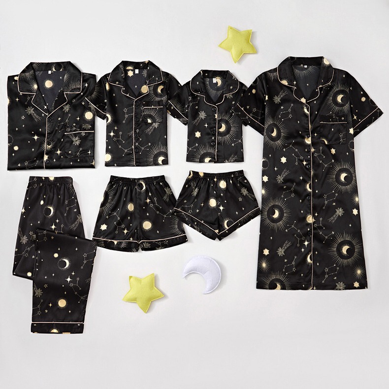Processing and Customization of Family Clothing Cross-Border European and American Imitation Silk Satin Thin Pajamas Set Women's Short-Sleeved Shorts Family Clothing