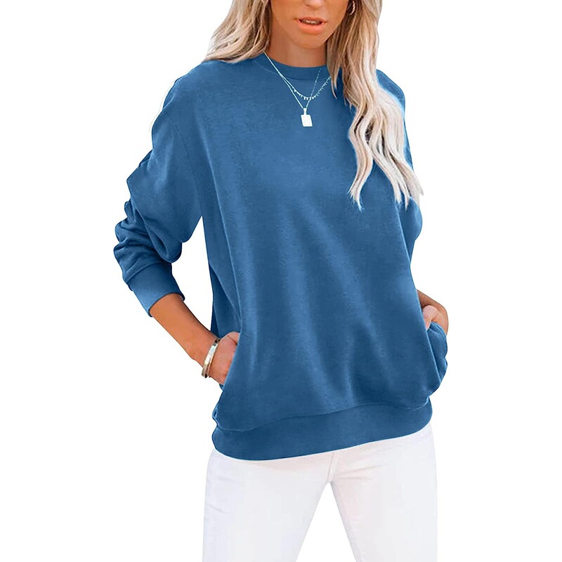 European and American Cross-border Amazon Women's Casual Long-sleeved Solid Color Top Round Neck Sweatshirt Loose Pullover Pocket Sweatshirt