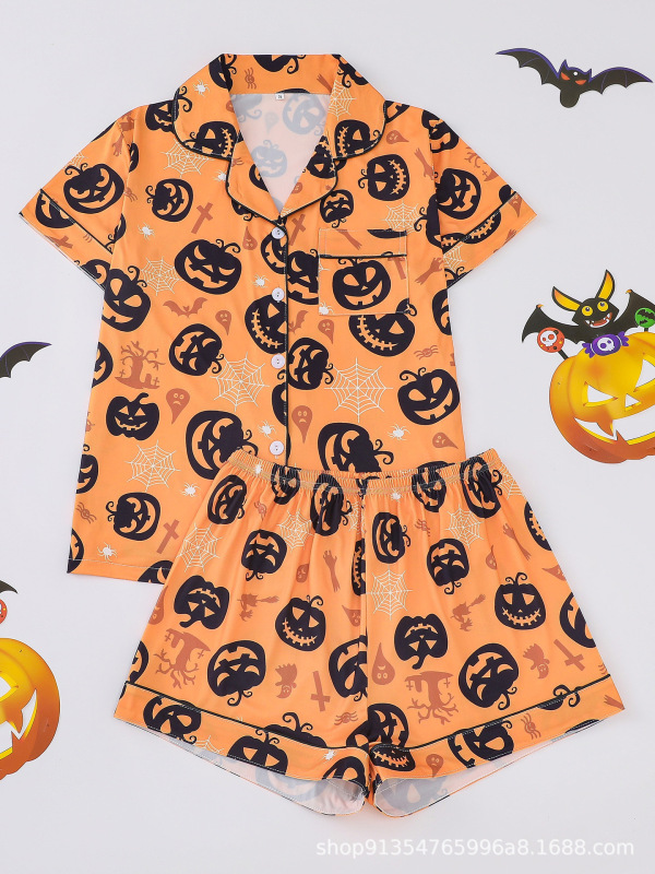 越境貿易 ハロウィン レディース 半袖 ショートパンツ 欧米風 パジャマセット カーディガン 襟付き ホームウェア ゆったり 快適|undefined