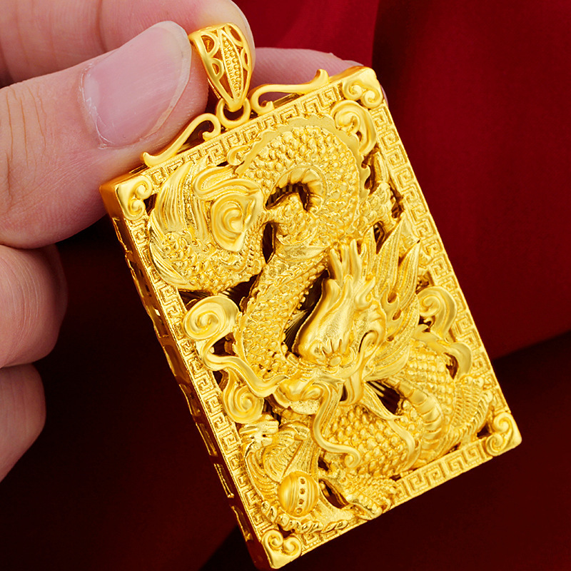 Collana con ciondolo da uomo in ottone con perline in sabbia vietnamita, accessori in oro, drago, totem, carta quadrata_voghion.com