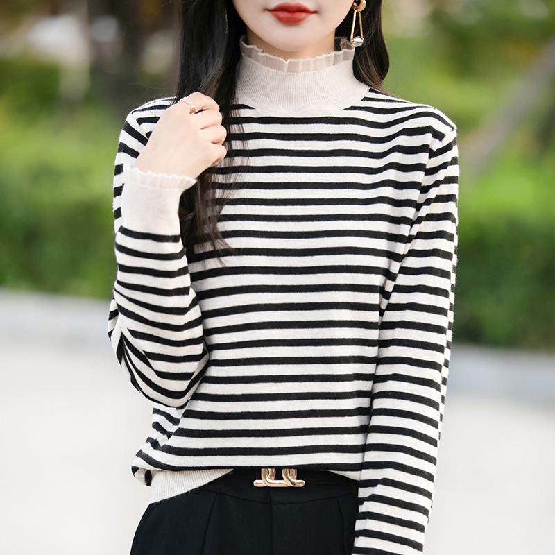 秋冬套头毛衣女安迪绒欧根纱花边领针织打底衫女条纹韩版外贸批发