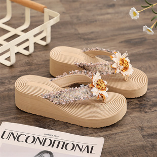 Bohemian Chanel Style Imitation Grass Rope Decal Flip Flops Summer Cool Slippers Women's Outwear Wedge High Heel Sandals