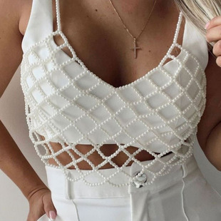 Hand-Woven Pearl Fishing Net Hollow-Out Vest Short-Sleeved T-Shirt with Beaded Body Chain Women's skl000312