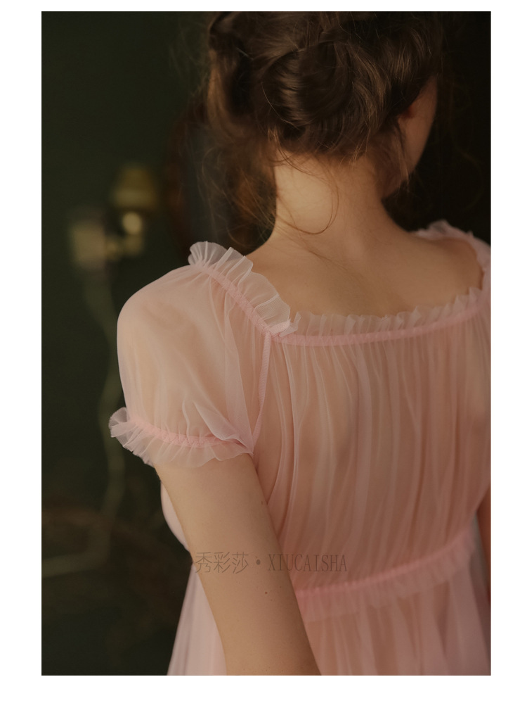 Sheer Mesh Babydoll Nightdress with Matching Panty, Pink One Size — detail image 40