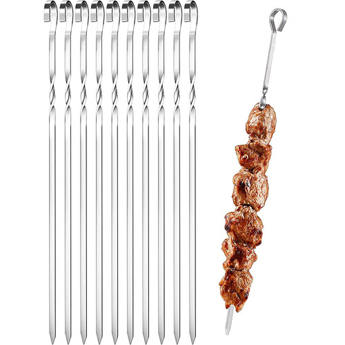 Stainless steel barbecue skewers mutton skewers grilled barbecue skewers flat skewers outdoor BBQ barbecue needle thickened 9-character twisted grill skewers