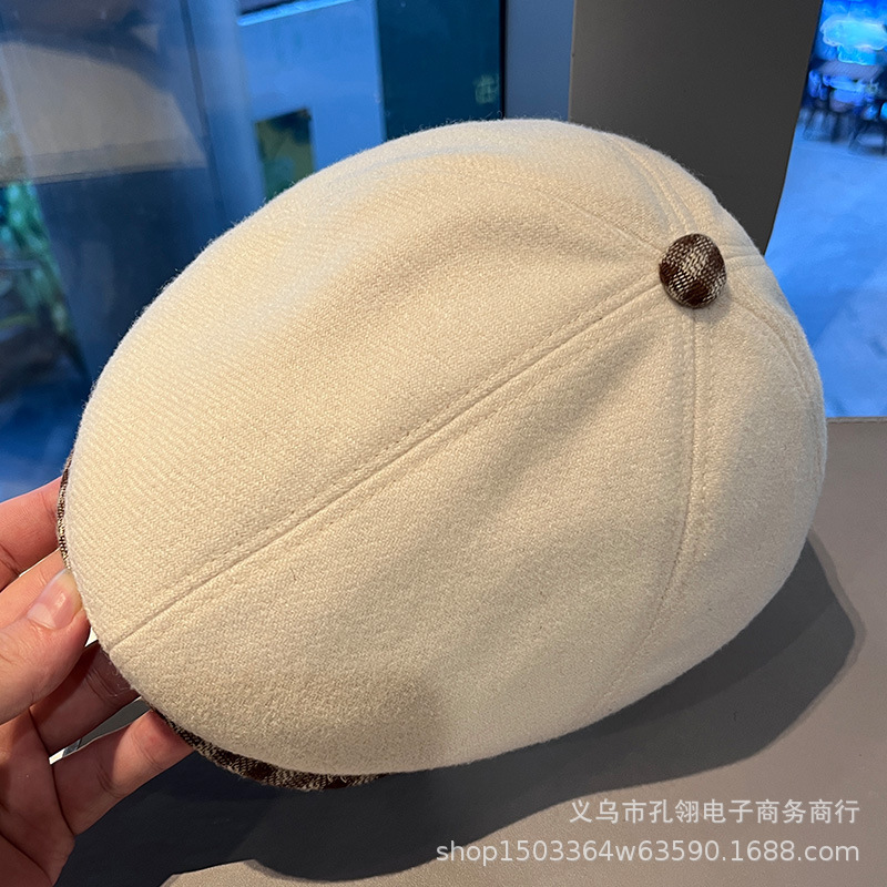 2025新款复古文艺格纹反戴前进帽子女冬季英伦风百搭毛呢贝雷帽潮|undefined