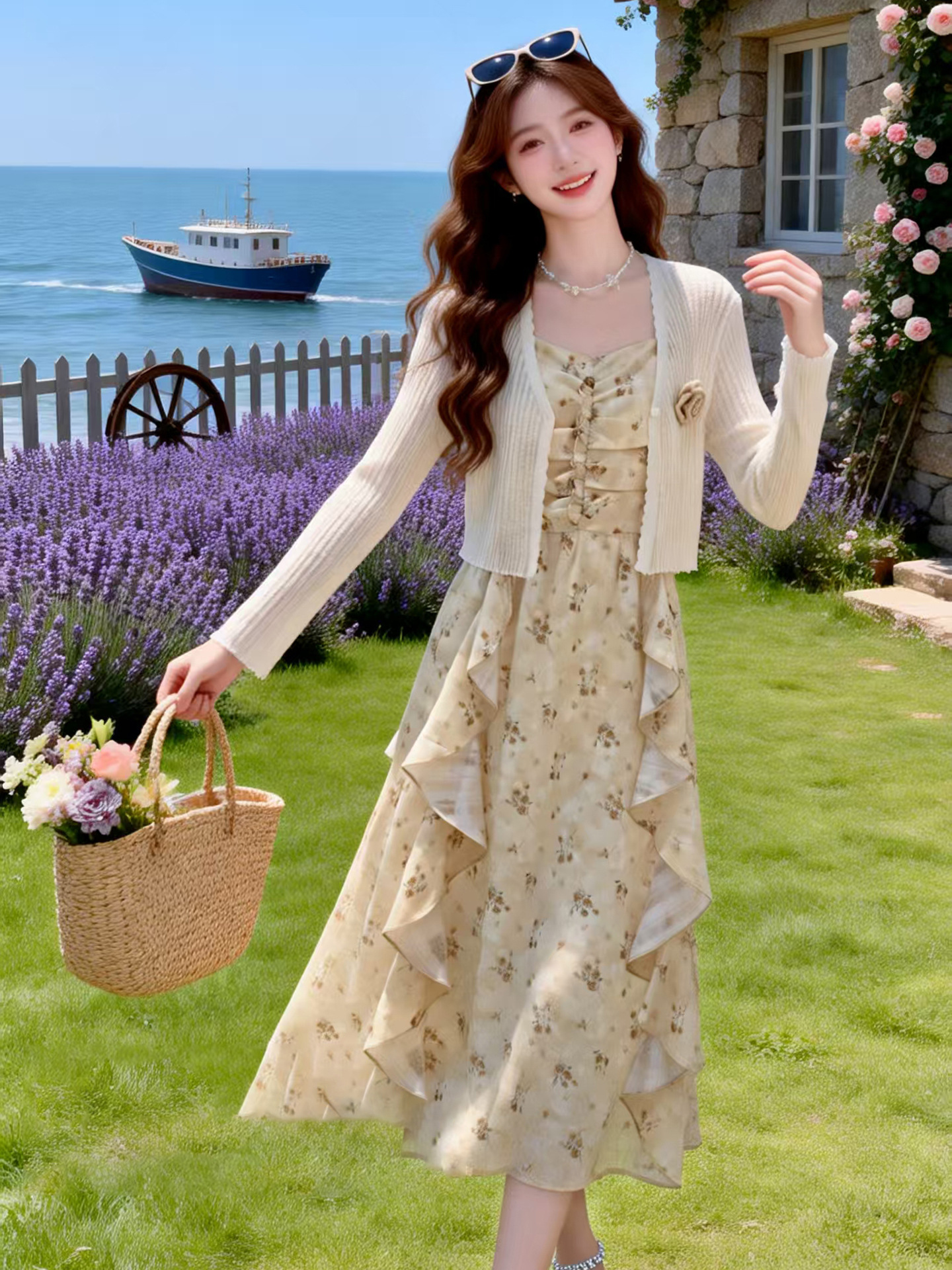 Bộ đầm hai mảnh gồm áo khoác cardigan và đầm maxi hoa nhí thắt eo BL2608 — xanh lam, màu be
