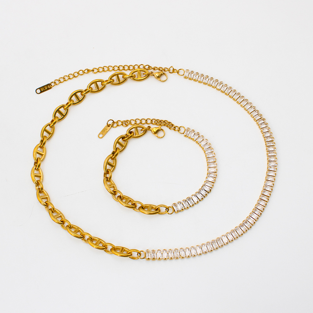 Hip-Hop Geometric Stainless Steel Inlay Zircon Bracelets Necklace