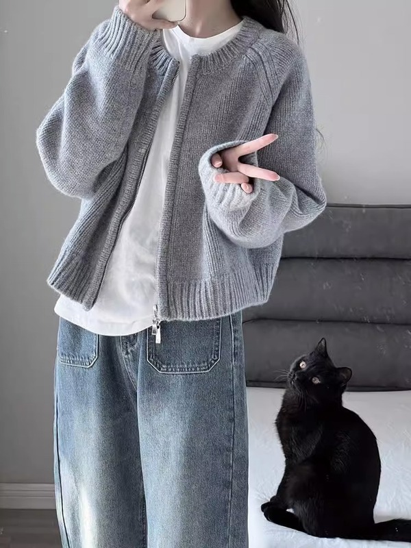 灰色短款毛衣外套女2025春装新款宽松拉链开衫长袖针织衫百搭上衣|undefined