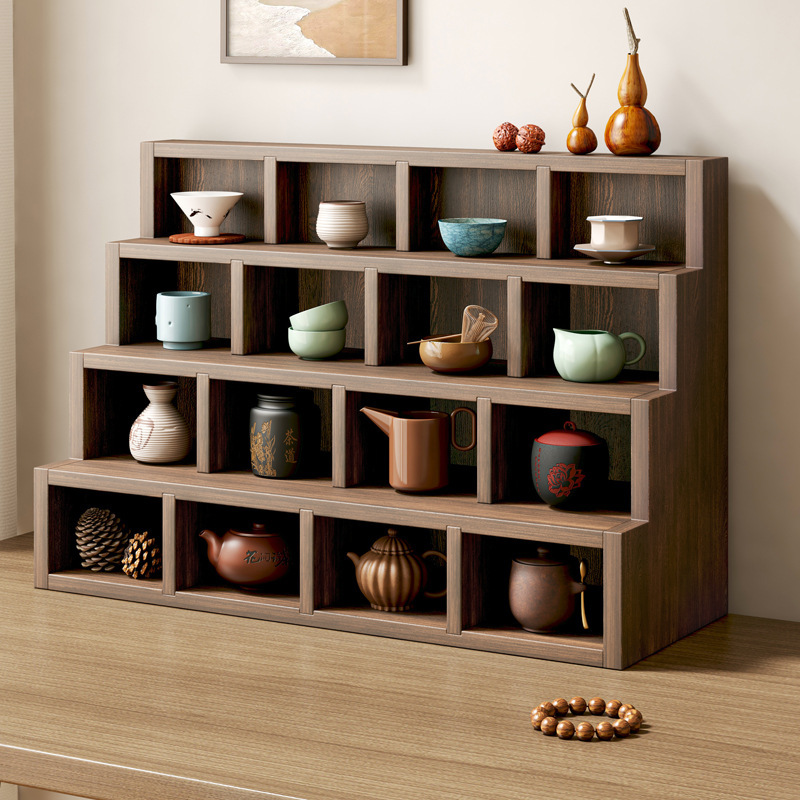 Portavasos de té a cuadros de madera maciza ceremonia del té olla de arcilla púrpura estante de exhibición montado en la pared Duobao Pavilion mesa de té escritorio antiguo estante pequeño