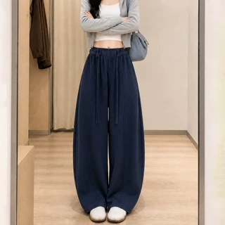 藏青色弯刀运动裤女款2026新款秋季高腰显瘦休闲适合胖mm的大码裤