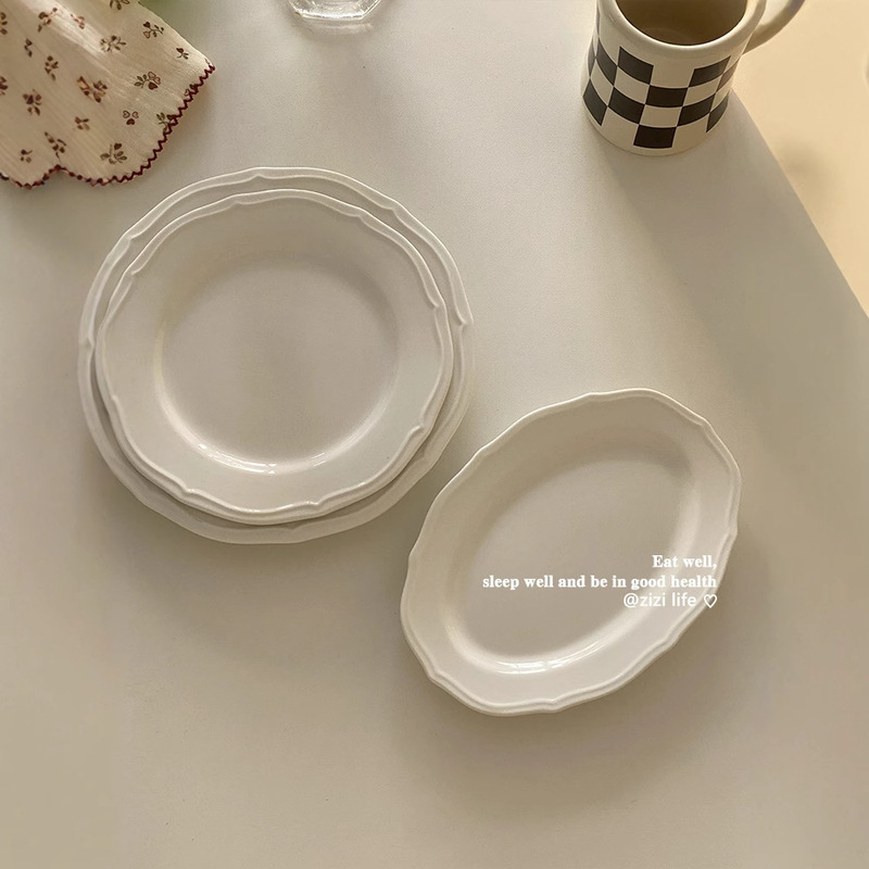 インススタイルレトロレリーフラインレースプレート純白セラミックプレートフレンチレリーフエッジ洋食プレートデザート朝食プレート|undefined