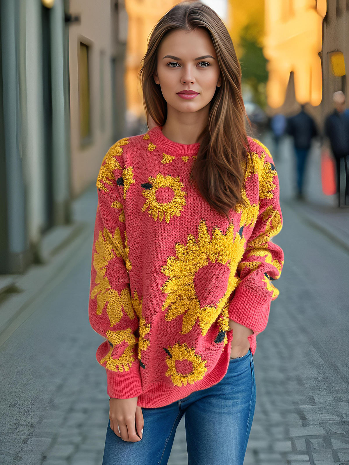 Women's Sunflower Jacquard Knitted Pullover Sweater For Winter_voghion.com