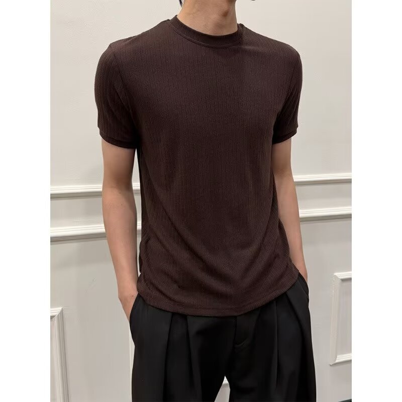 Summer heavyweight American-style sports and fitness short-sleeve men's T-shirt with cuffed sleeves, trendy knit fabric, solid color, and shoulder pad design Summer heavyweight American-style sports and fitness short-sleeve men's T-shirt with cuffed sleeves, trendy knit fabric, solid color, and shoulder pad design