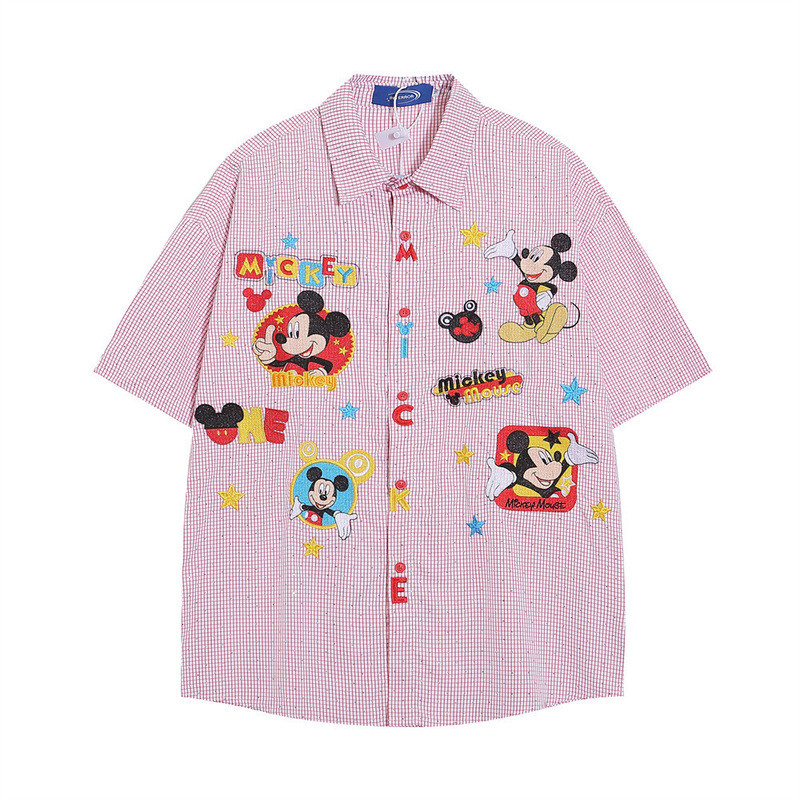 Cartoon Mickey Mouse Embroidered Fine Plaid Short-Sleeved Loose Shirt Men's Hip-Hop Fashionable Full-Print Hot Diamond Summer Shirt