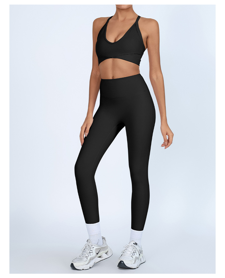 Traje de yoga transfronterizo de comercio exterior europeo y americano, chaleco con almohadilla para el pecho en V profundo, alta elasticidad, secado rápido, ejercicio de cintura alta, fitness de dos piezas
