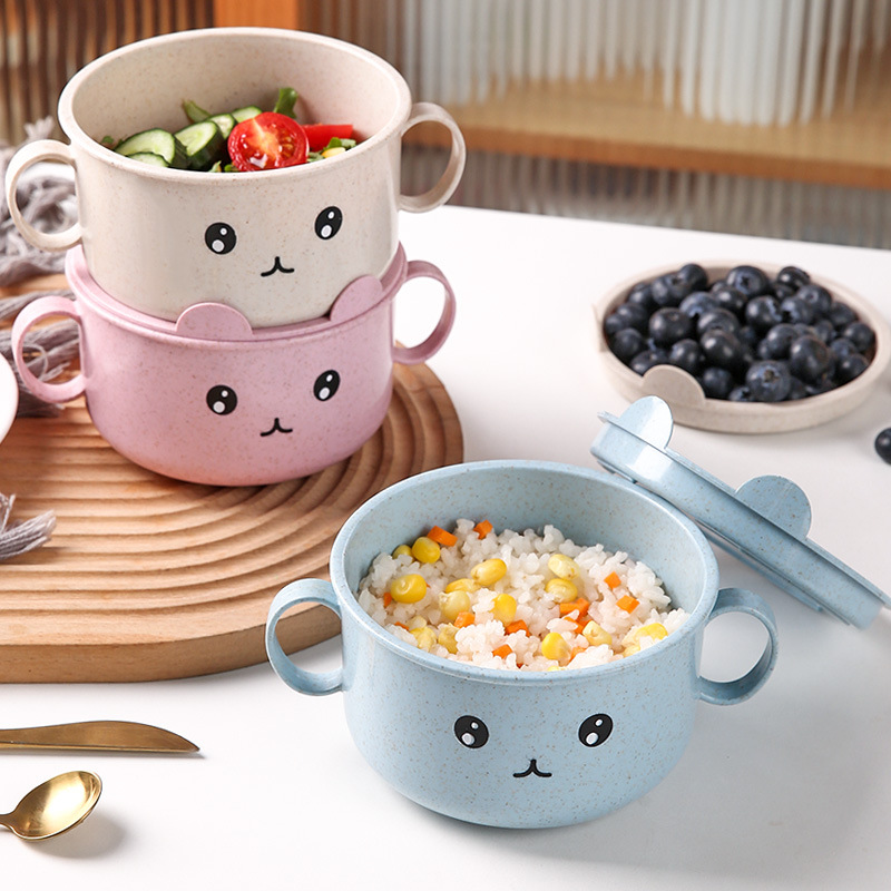 High Quality Cartoon Wheat Straw Baby Bowl with Lid Children's Household Binaural Supplementary Bear Bowl Tableware