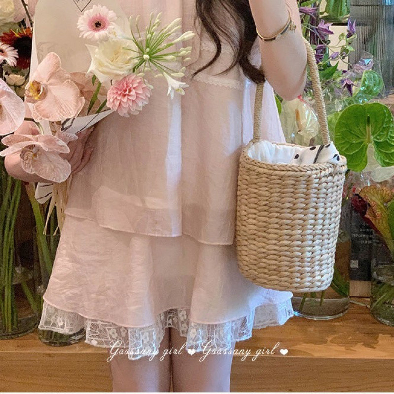 粉色蕾丝拼接甜美气质挂脖衬衫半身裙套装宽松小个子两件套女|undefined