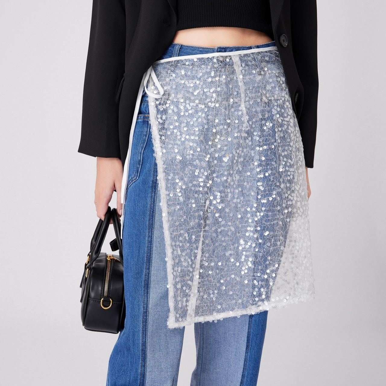 European and American Mesh Sequin Lace Skirt Women's Floral Layered Overskirt Hem Covering Butt Curtain Apron Trendy