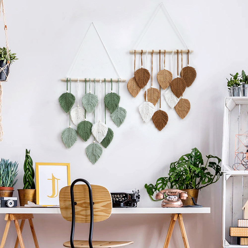 波西米亞創意木棍葉子手工編織棉線掛毯簡約家居牆面裝飾房間壁掛